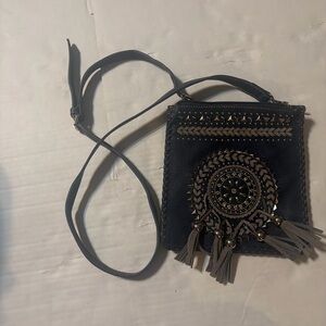 Montana West Black Crossbody Bag with Gold-Tone Medallion and Tassels